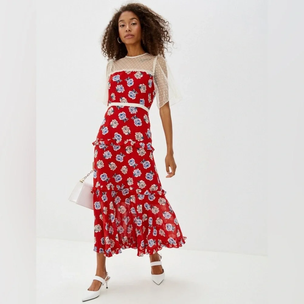 Sister Jane Red Maxi Midi Sundress Tiered Lace Sheer Ruffle Floral Dress - Picture 3 of 7